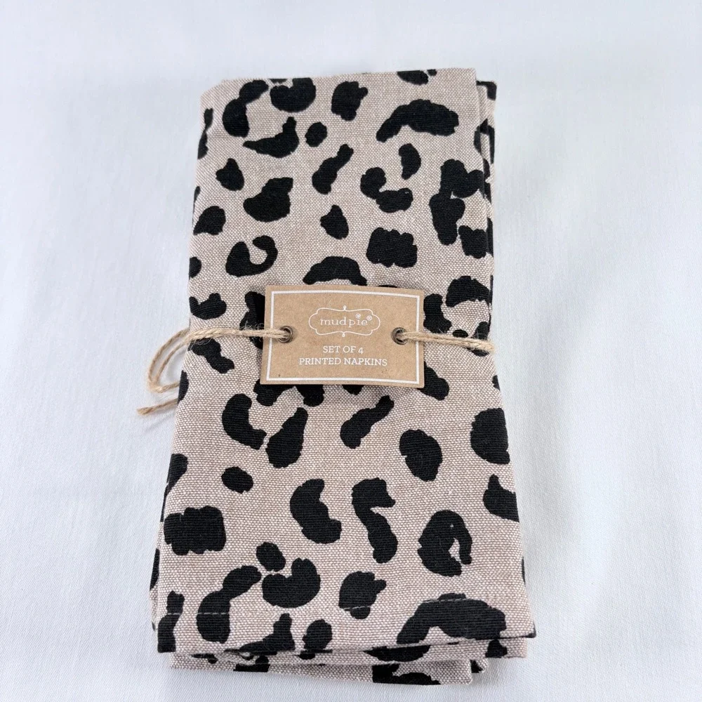 Mud Pie‎ Printed Napkins Set of 4 Tan Black Cheetah Animal Print Linen Blend